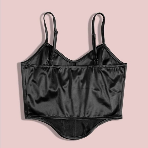 Sexy Black Curved Hem Satin Crop Bustier Cami Top Tank Corset - Picture 3 of 4